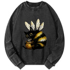 Unisex Black Cat Flying Bee Vintage Washed Sweatshirts