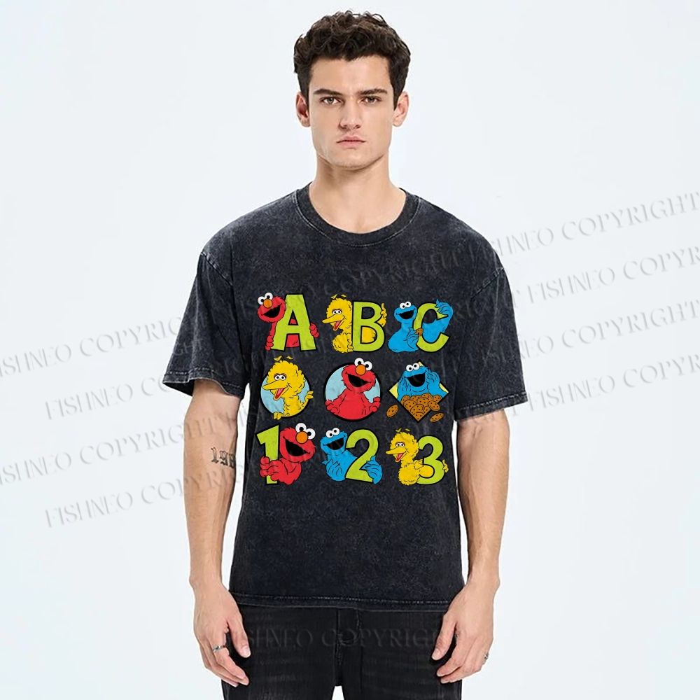 Unisex Elmo Cookie Monster Big Bird Printed Washed Tee