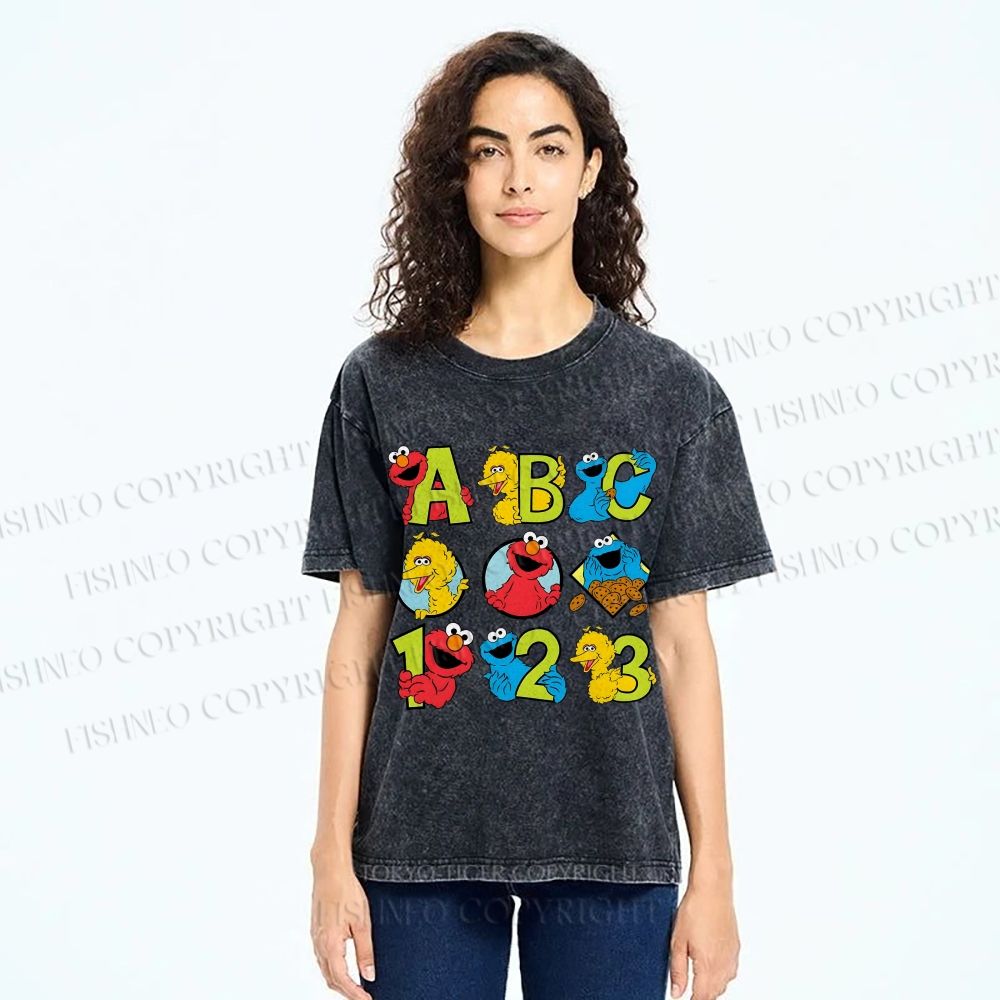 Unisex Elmo Cookie Monster Big Bird Printed Washed Tee