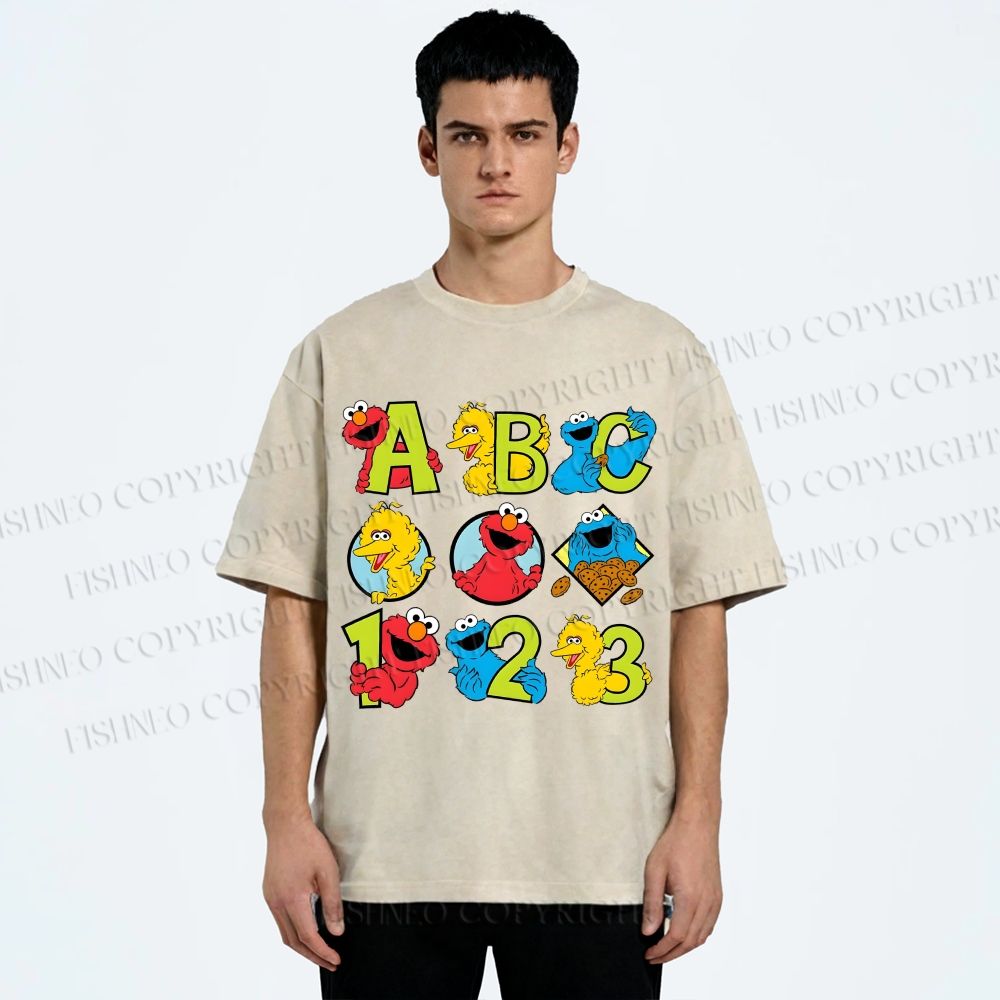Unisex Elmo Cookie Monster Big Bird Printed Washed Tee