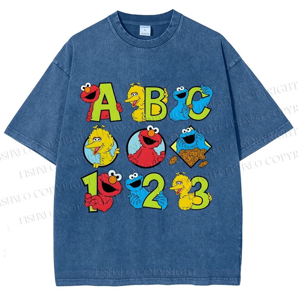Unisex Elmo Cookie Monster Big Bird Printed Washed Tee