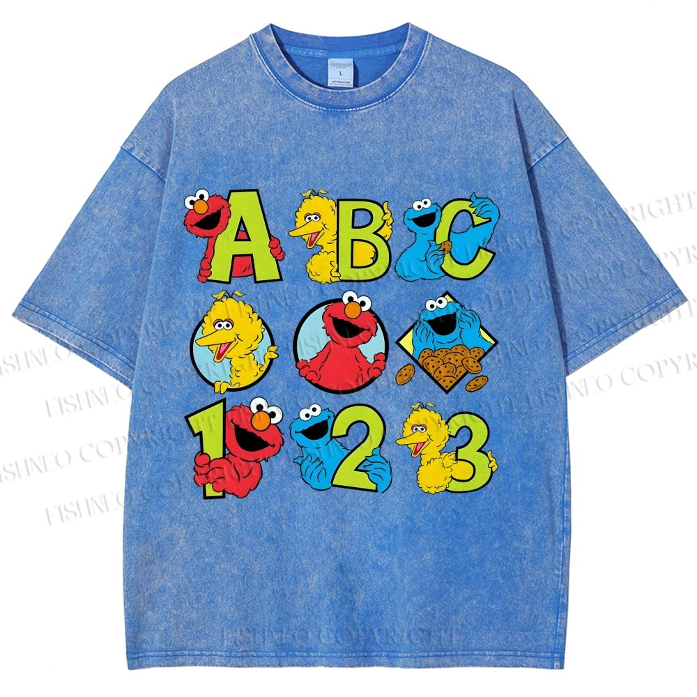 Unisex Elmo Cookie Monster Big Bird Printed Washed Tee