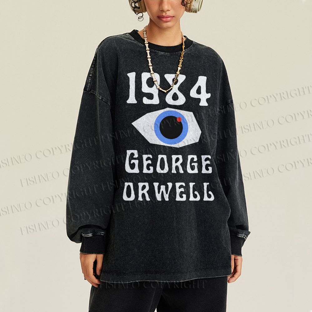 Unisex Casual Washed George Orwell Eyes Printed Long Sleeve T-shirt
