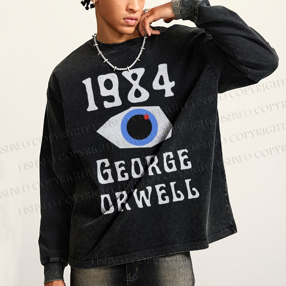 Unisex Casual Washed George Orwell Eyes Printed Long Sleeve T-shirt