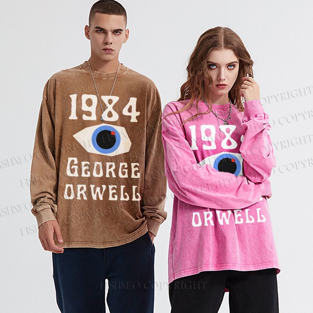 Unisex Casual Washed George Orwell Eyes Printed Long Sleeve T-shirt
