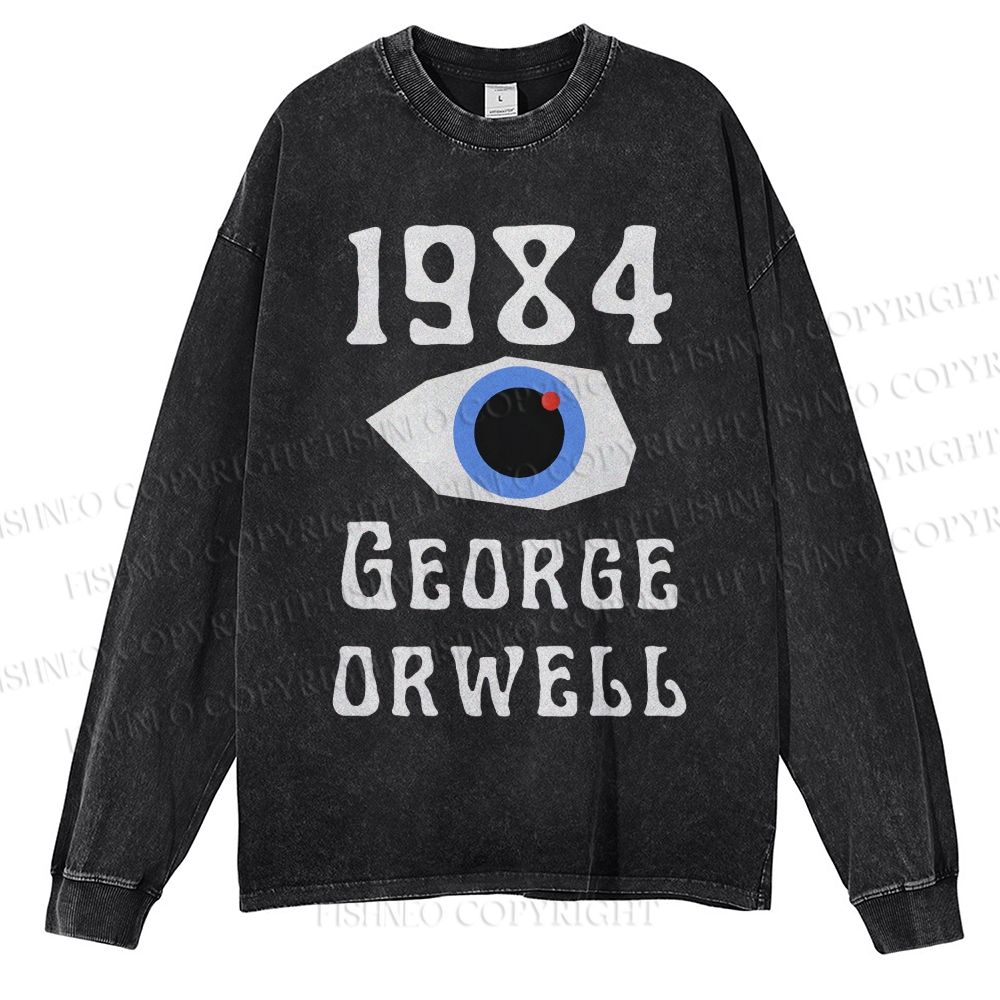Unisex Casual Washed George Orwell Eyes Printed Long Sleeve T-shirt