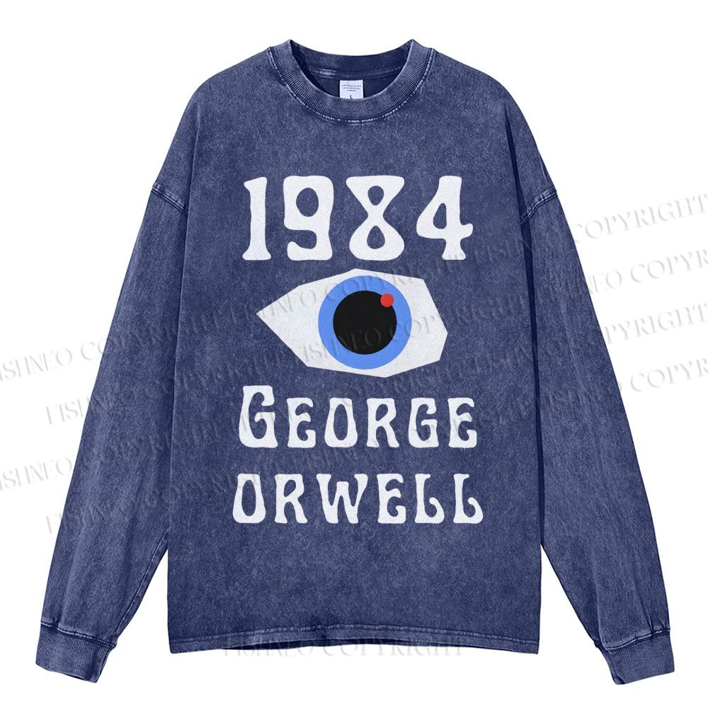 Unisex Casual Washed George Orwell Eyes Printed Long Sleeve T-shirt