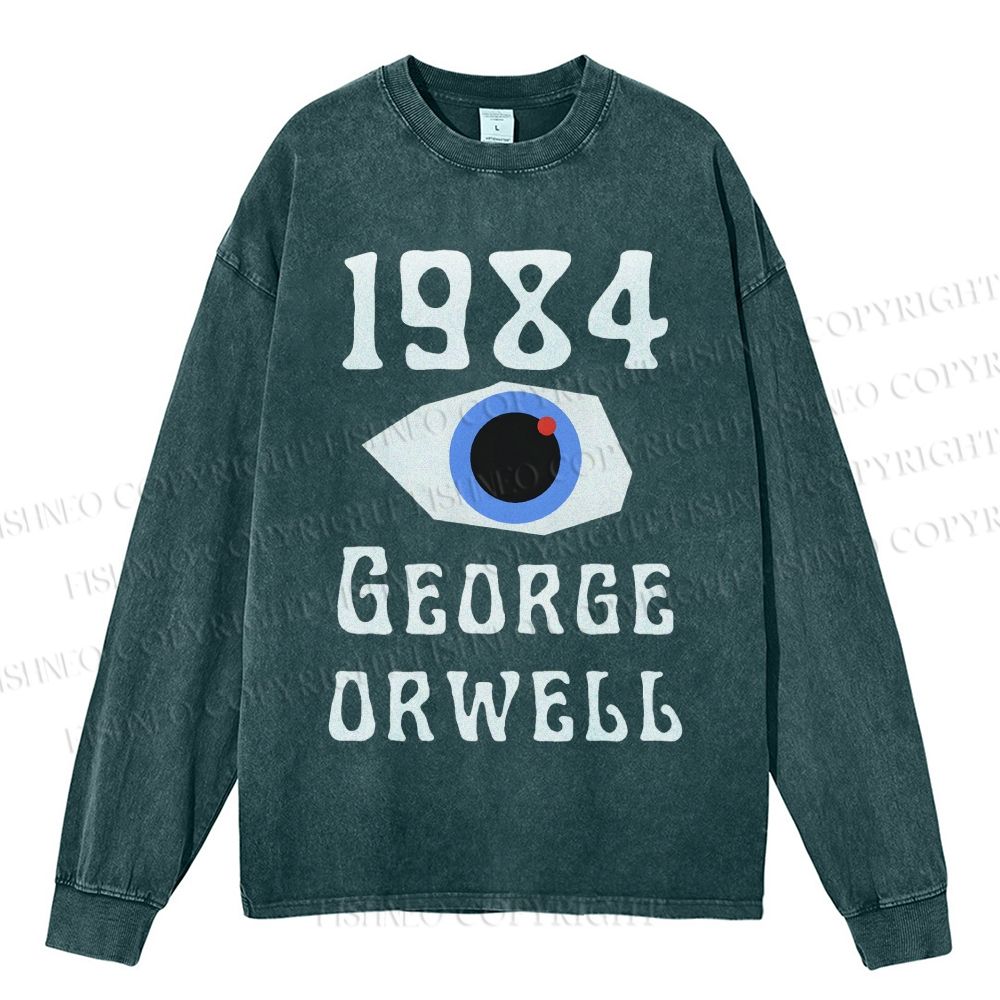 Unisex Casual Washed George Orwell Eyes Printed Long Sleeve T-shirt