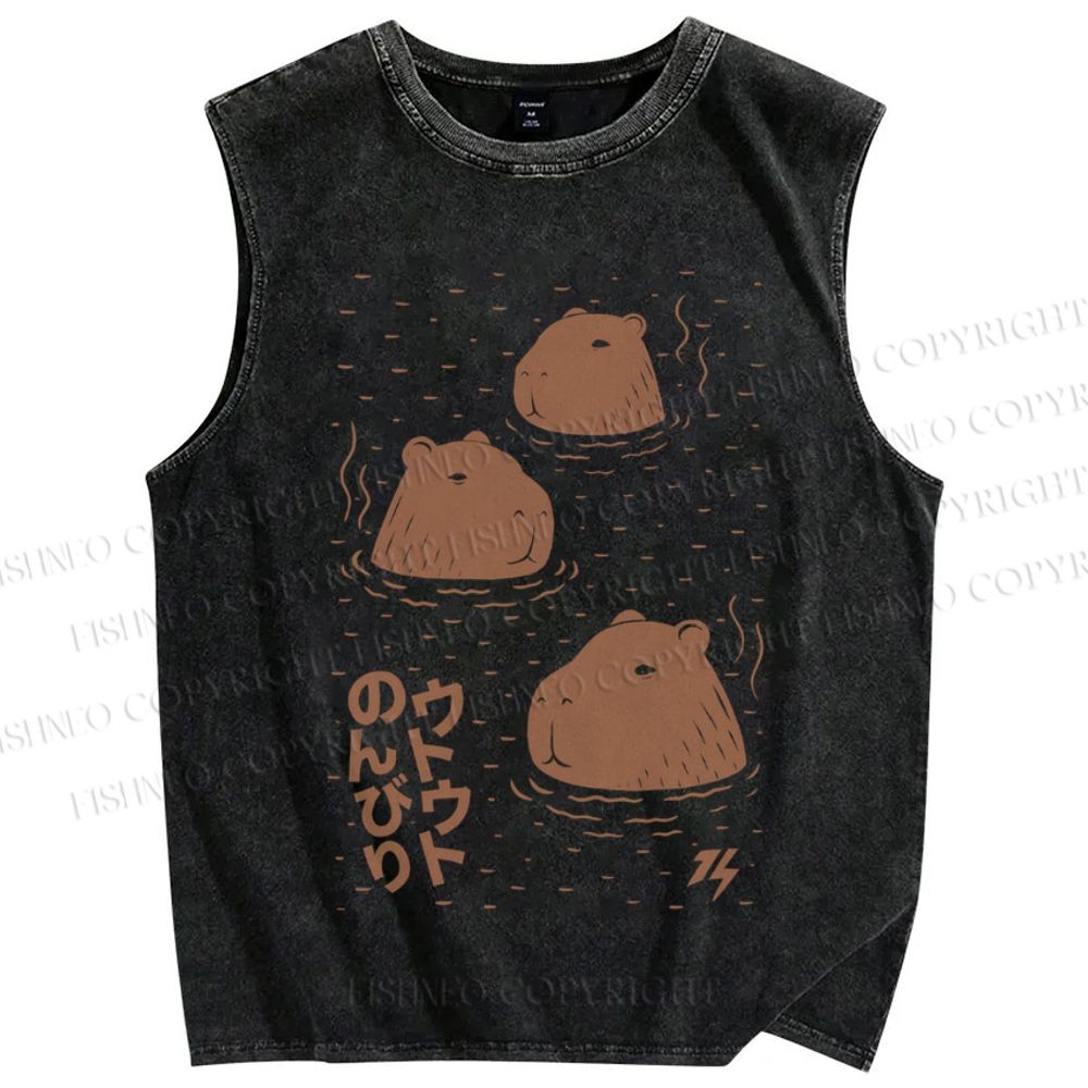 Unisex Capybara Soaking in a Hot Spring Japanese Printed Washed Tank Top