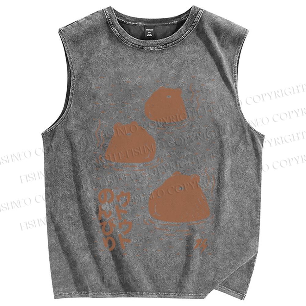 Unisex Capybara Soaking in a Hot Spring Japanese Printed Washed Tank Top