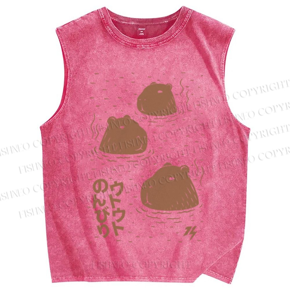 Unisex Capybara Soaking in a Hot Spring Japanese Printed Washed Tank Top