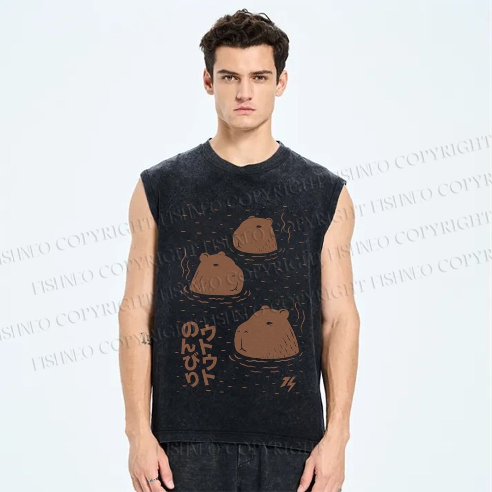 Unisex Capybara Soaking in a Hot Spring Japanese Printed Washed Tank Top
