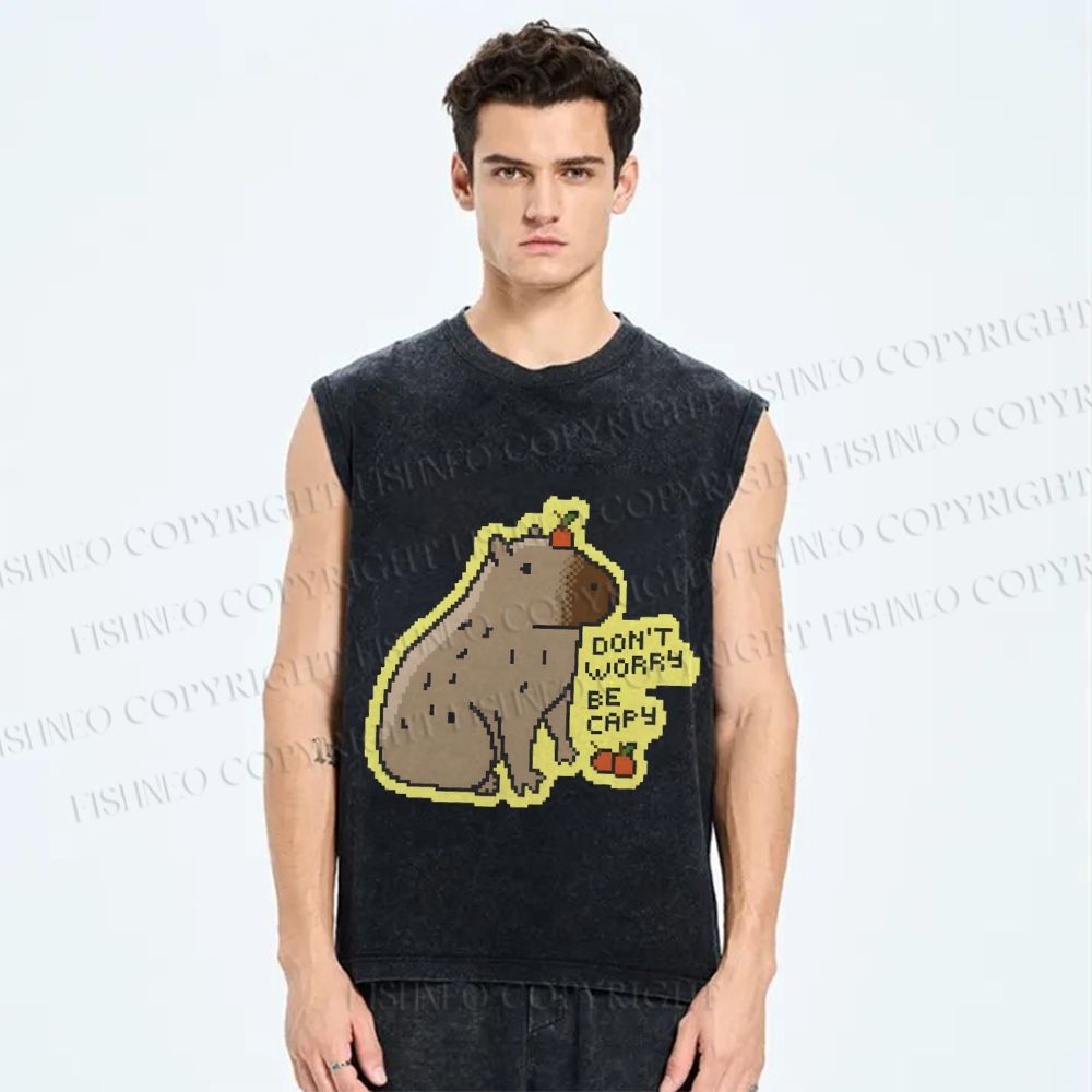 Unisex Capybara Carry Fruits Dont Worry Be Cappy Printed Washed Tank Top