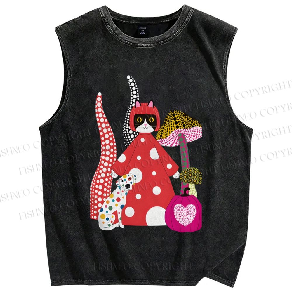 Unisex Japanese Yayoio Kusama Cat With Mushroom Printed Washed Tank Top