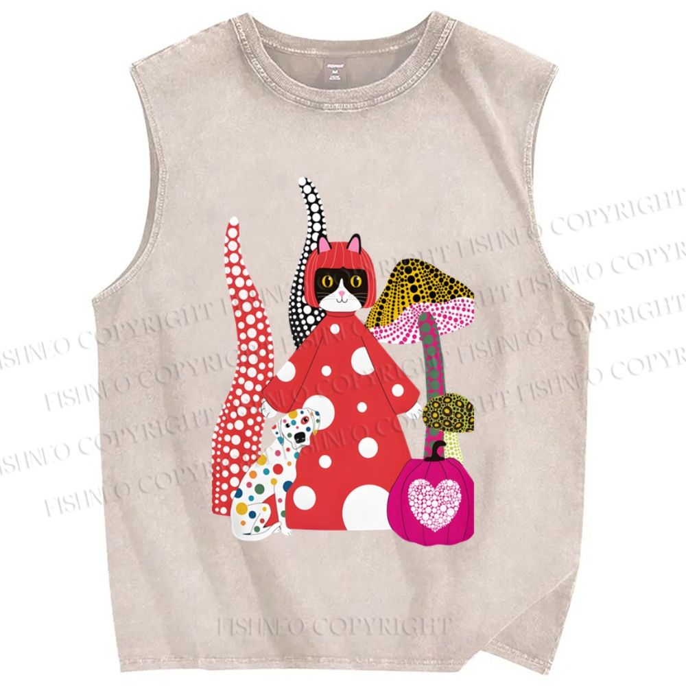 Unisex Japanese Yayoio Kusama Cat With Mushroom Printed Washed Tank Top