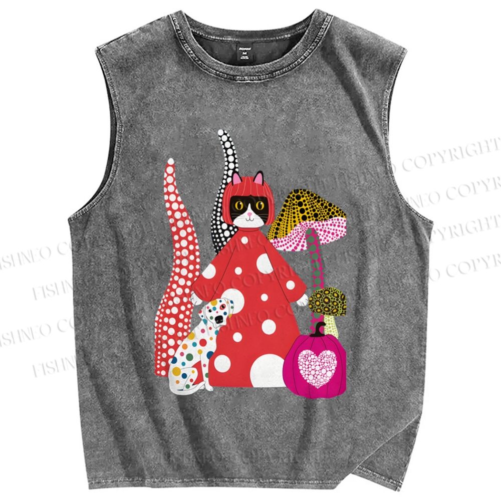 Unisex Japanese Yayoio Kusama Cat With Mushroom Printed Washed Tank Top