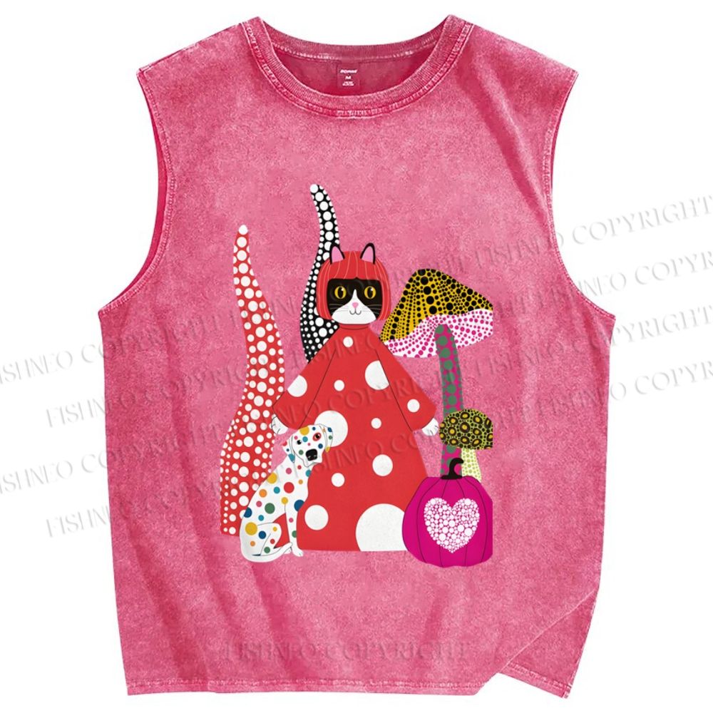 Unisex Japanese Yayoio Kusama Cat With Mushroom Printed Washed Tank Top