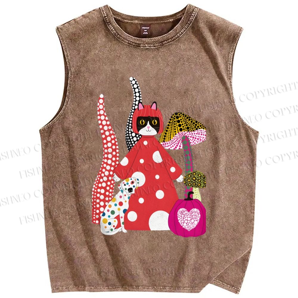 Unisex Japanese Yayoio Kusama Cat With Mushroom Printed Washed Tank Top