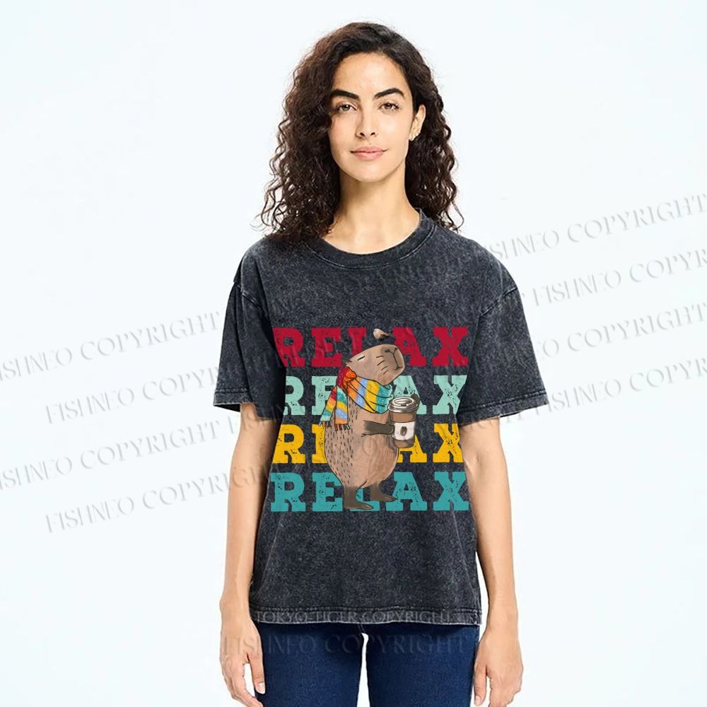 Unisex Chilling Capybara Relax Autumn Printed Washed Tee