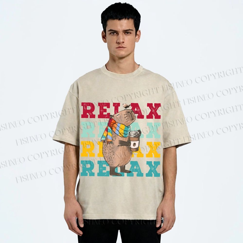 Unisex Chilling Capybara Relax Autumn Printed Washed Tee