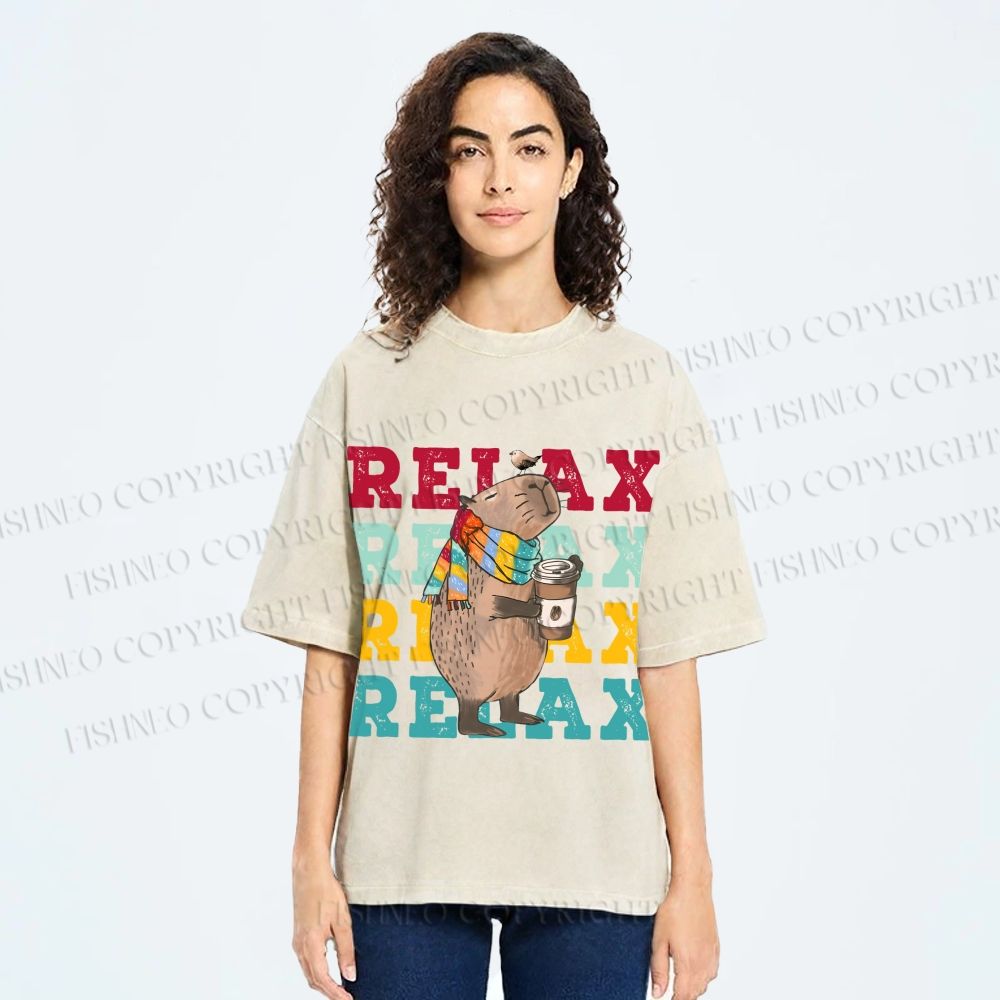 Unisex Chilling Capybara Relax Autumn Printed Washed Tee