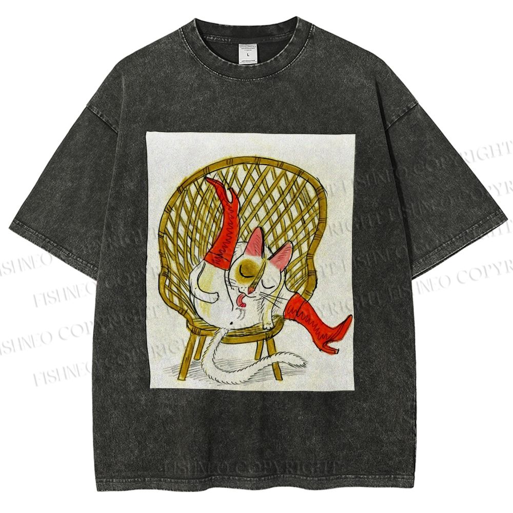 Unisex Funny Cat On Chair Busy Doing Something Printed Washed Tee