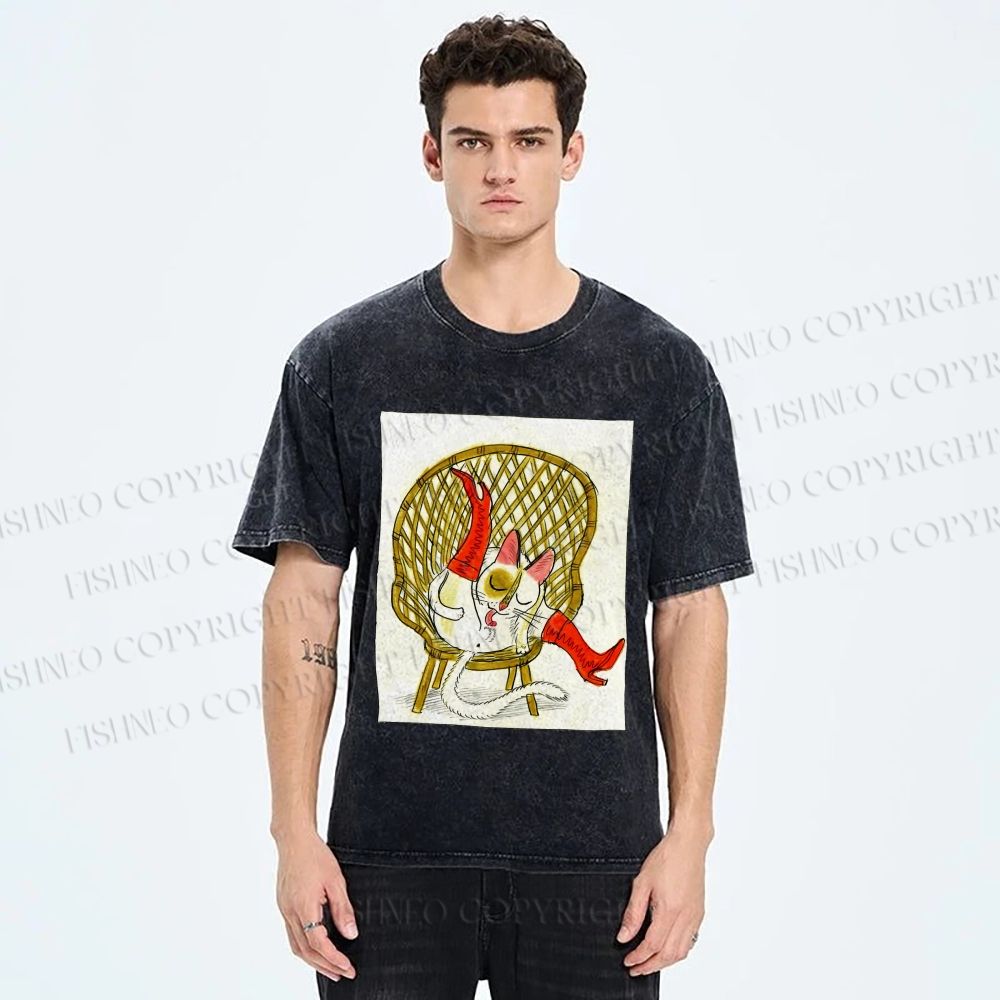 Unisex Funny Cat On Chair Busy Doing Something Printed Washed Tee