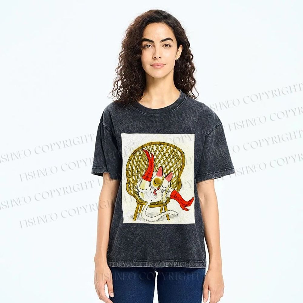 Unisex Funny Cat On Chair Busy Doing Something Printed Washed Tee