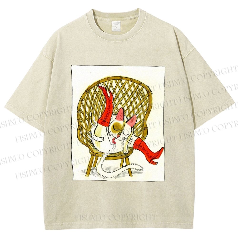 Unisex Funny Cat On Chair Busy Doing Something Printed Washed Tee