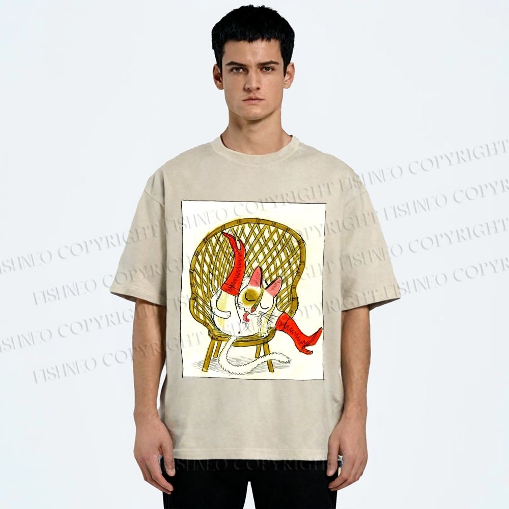 Unisex Funny Cat On Chair Busy Doing Something Printed Washed Tee