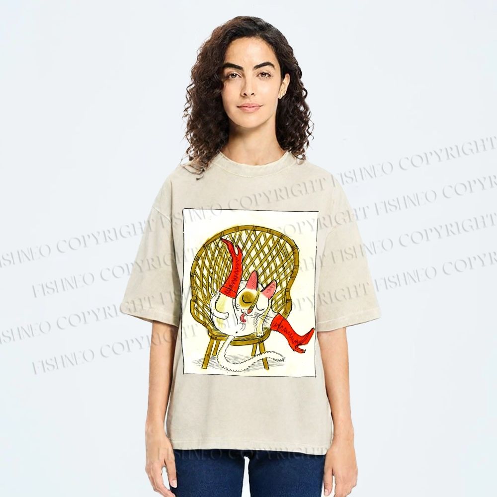 Unisex Funny Cat On Chair Busy Doing Something Printed Washed Tee