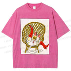 Unisex Funny Cat On Chair Busy Doing Something Printed Washed Tee