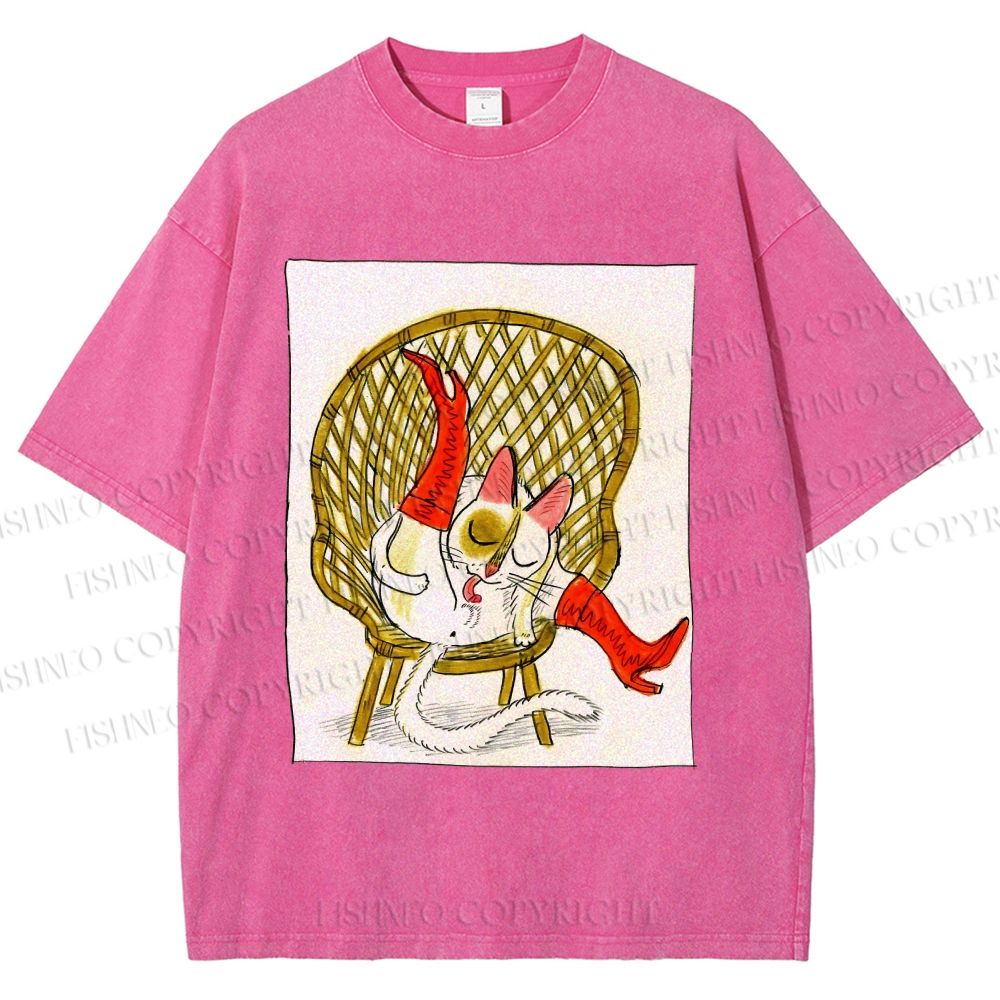Unisex Funny Cat On Chair Busy Doing Something Printed Washed Tee