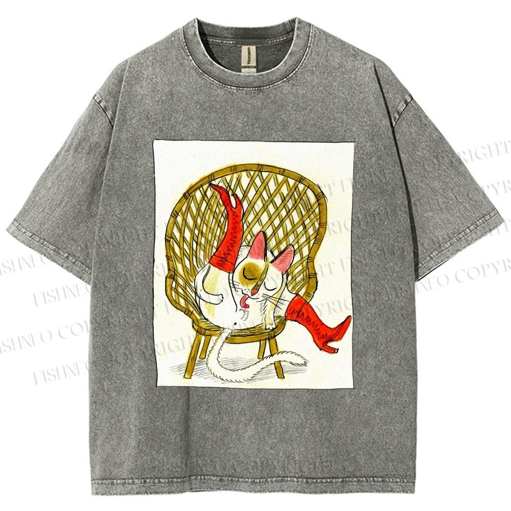 Unisex Funny Cat On Chair Busy Doing Something Printed Washed Tee