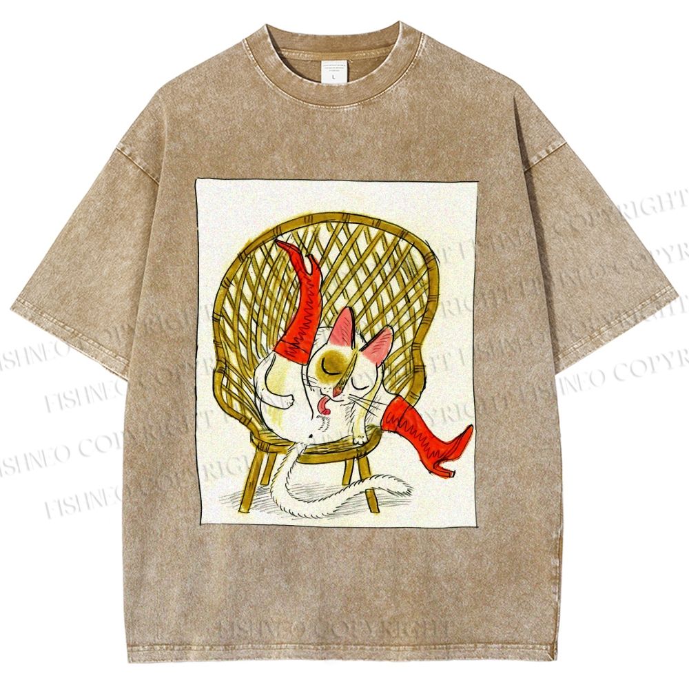 Unisex Funny Cat On Chair Busy Doing Something Printed Washed Tee