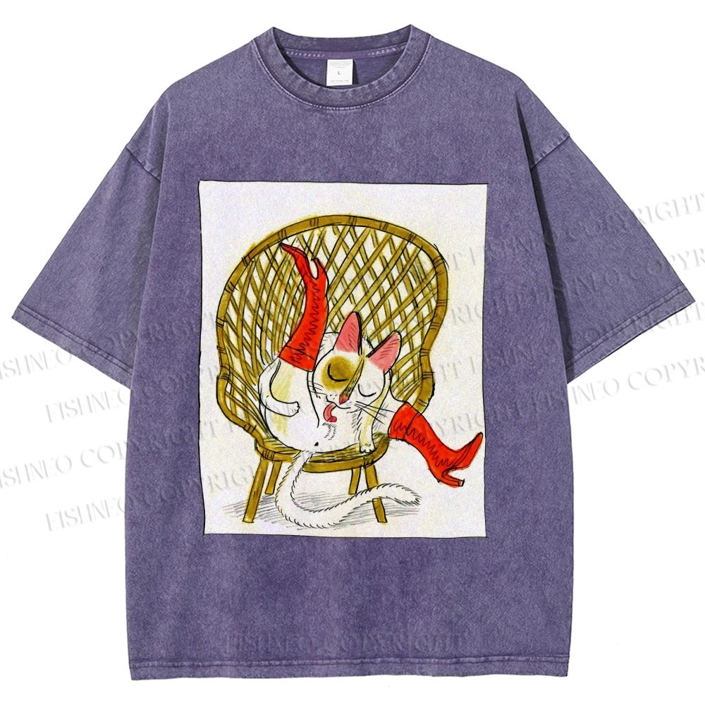 Unisex Funny Cat On Chair Busy Doing Something Printed Washed Tee