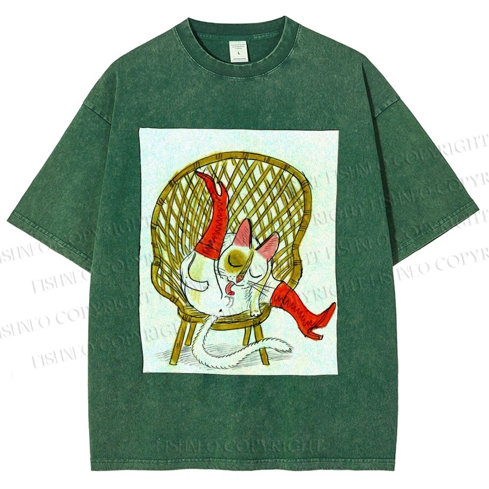 Unisex Funny Cat On Chair Busy Doing Something Printed Washed Tee