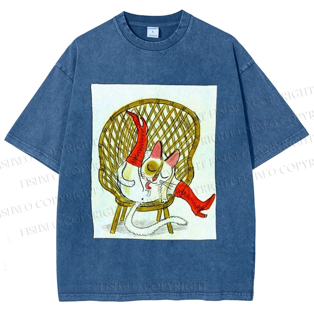 Unisex Funny Cat On Chair Busy Doing Something Printed Washed Tee