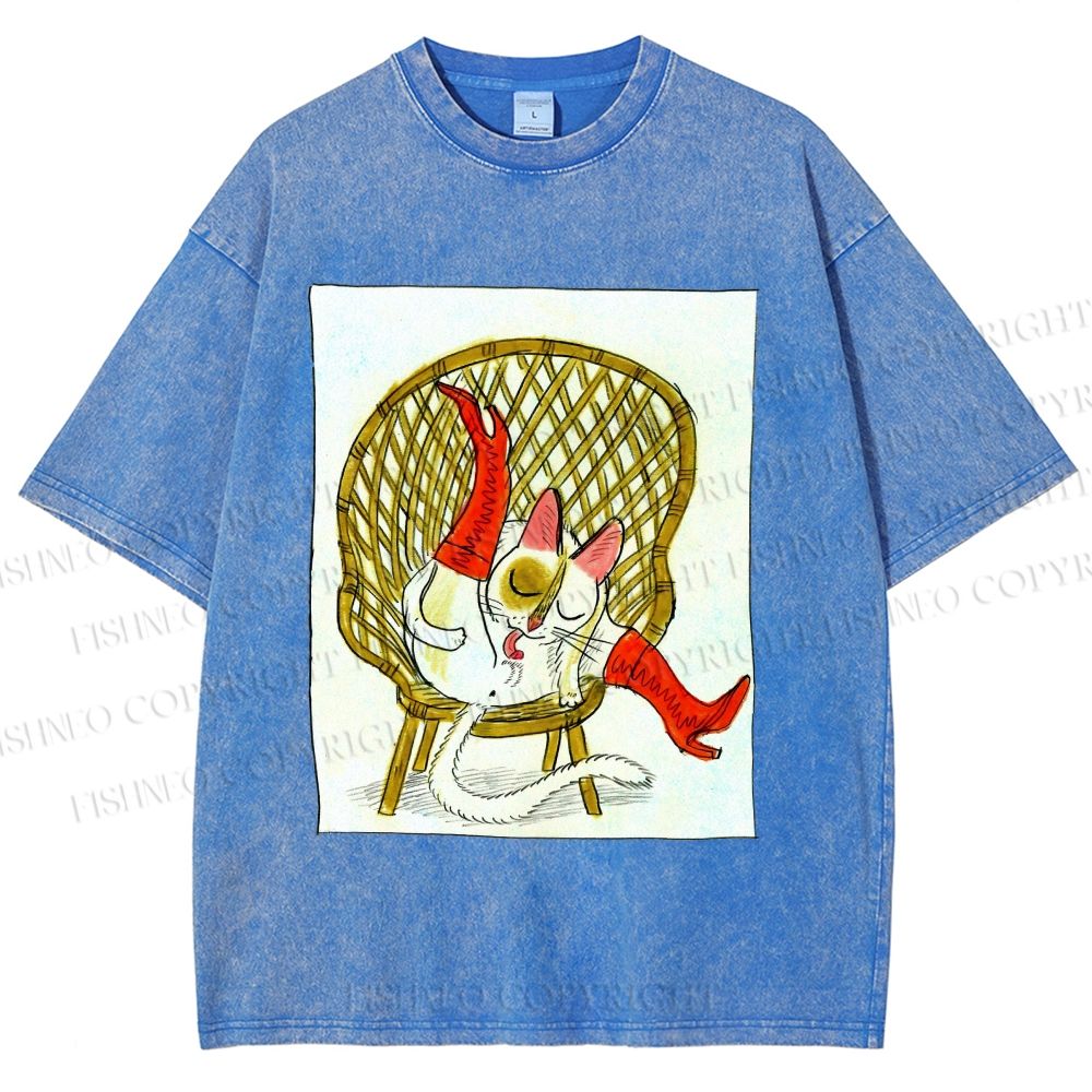 Unisex Funny Cat On Chair Busy Doing Something Printed Washed Tee