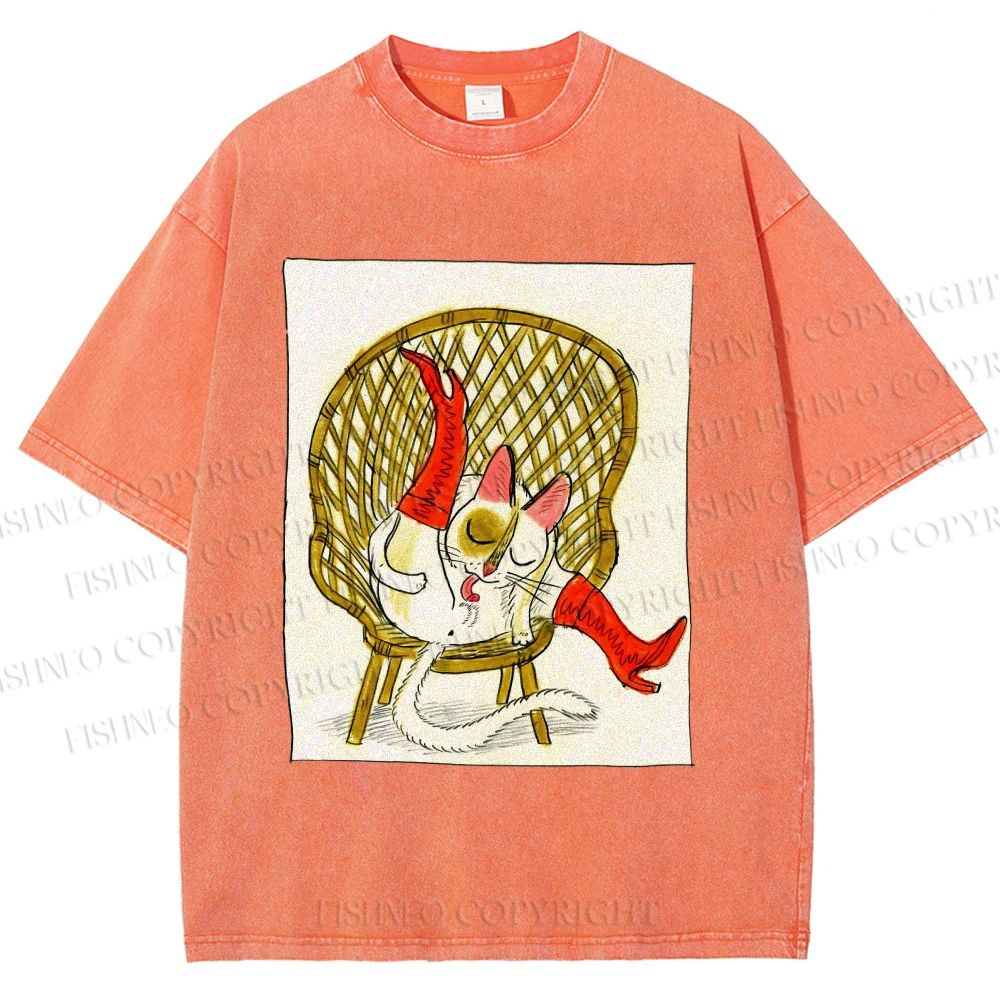 Unisex Funny Cat On Chair Busy Doing Something Printed Washed Tee