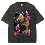 Unisex Cat Wrapped in Christmas Lights Printed Washed Tee