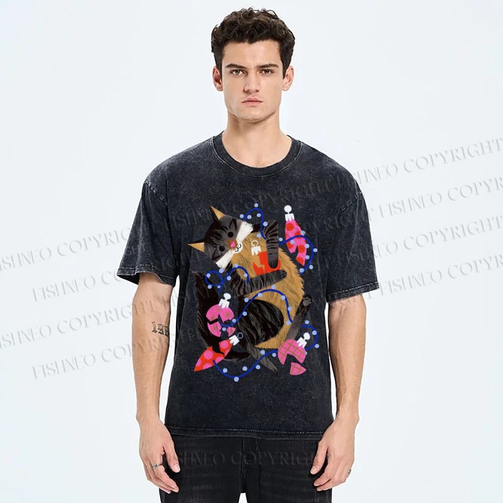 Unisex Cat Wrapped in Christmas Lights Printed Washed Tee