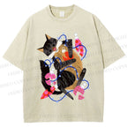 Unisex Cat Wrapped in Christmas Lights Printed Washed Tee