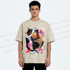 Unisex Cat Wrapped in Christmas Lights Printed Washed Tee
