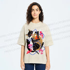 Unisex Cat Wrapped in Christmas Lights Printed Washed Tee