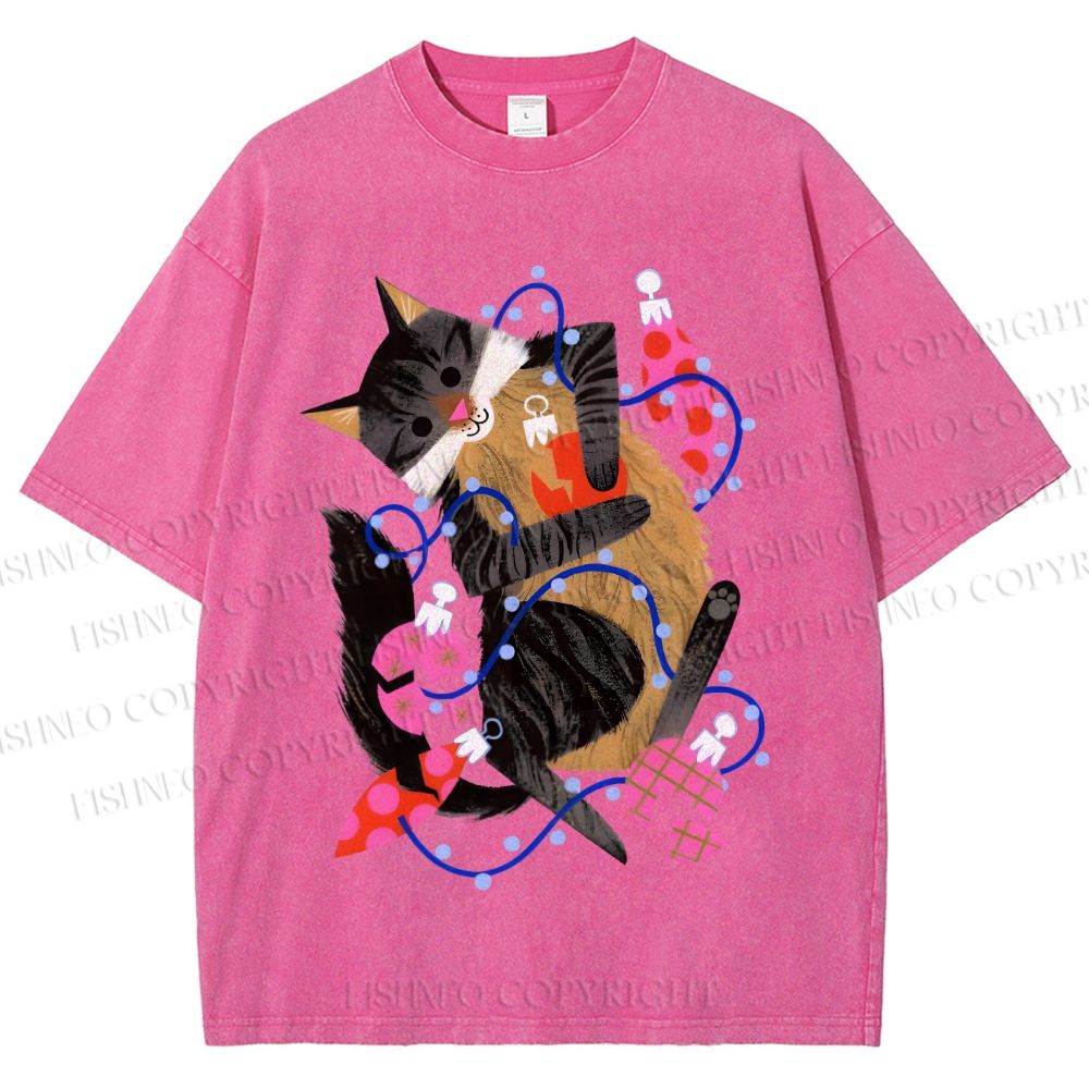 Unisex Cat Wrapped in Christmas Lights Printed Washed Tee