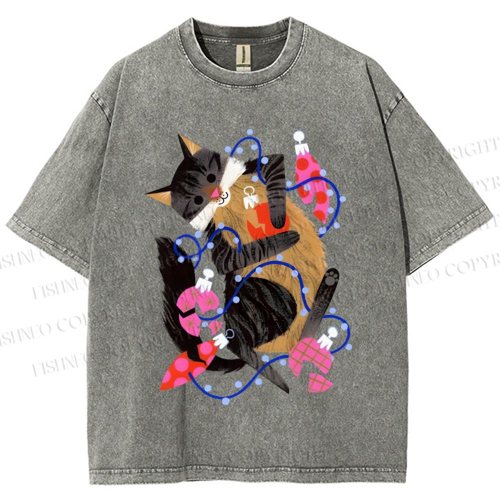 Unisex Cat Wrapped in Christmas Lights Printed Washed Tee