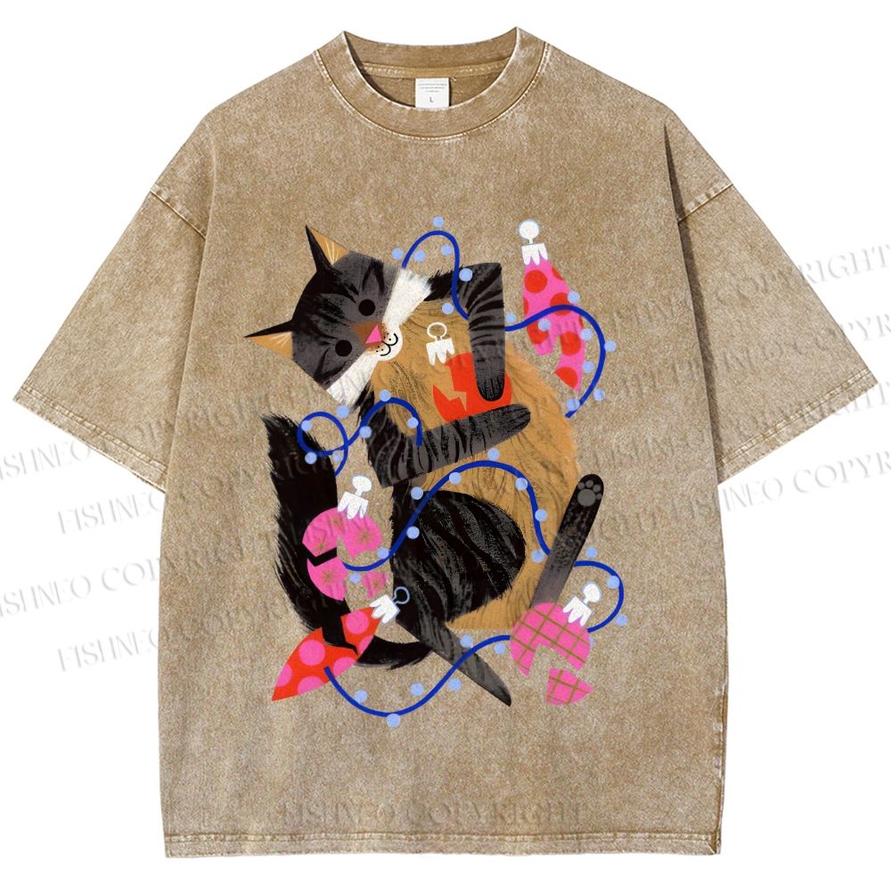 Unisex Cat Wrapped in Christmas Lights Printed Washed Tee