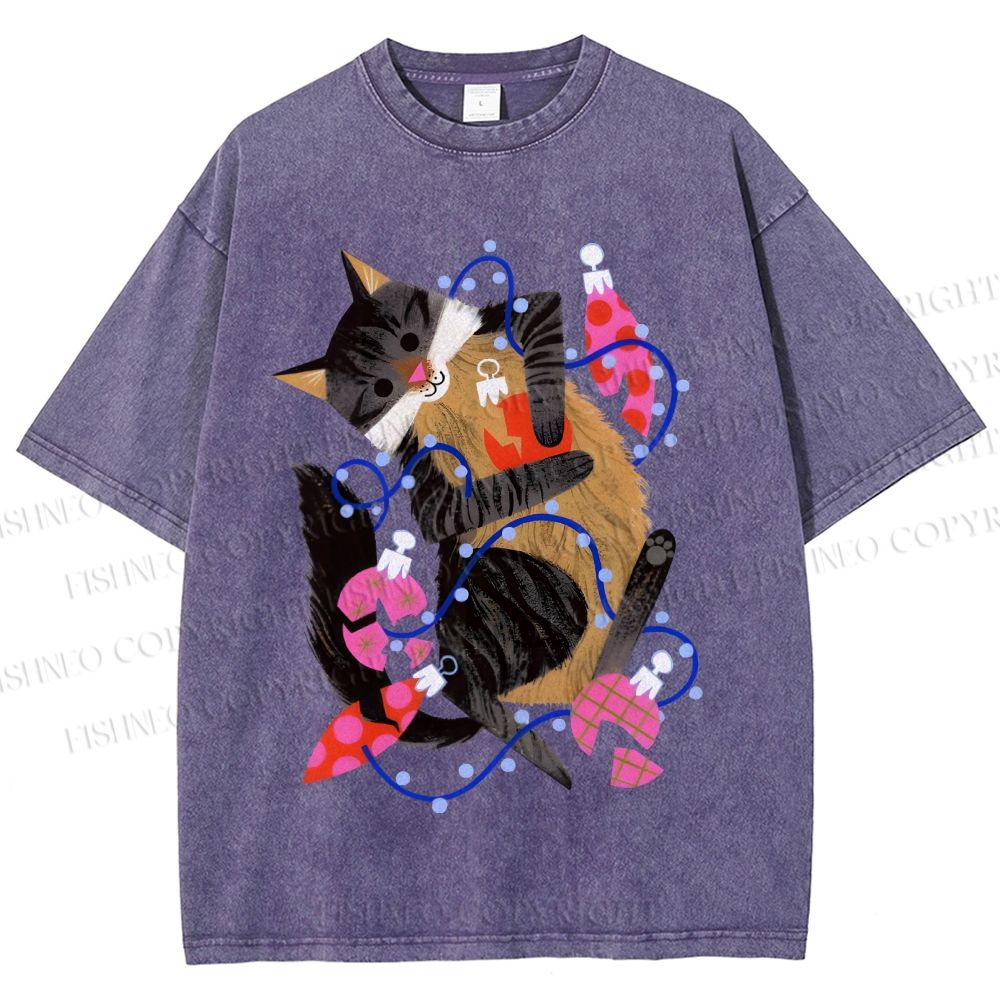 Unisex Cat Wrapped in Christmas Lights Printed Washed Tee