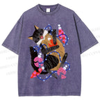 Unisex Cat Wrapped in Christmas Lights Printed Washed Tee